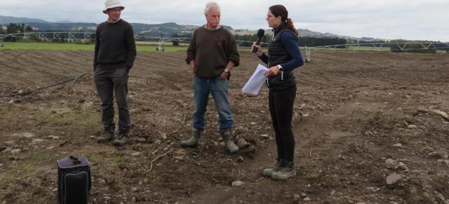 image of Beef + Lamb NZ field day facilitator Tom Fraser, left, Gavin King and Central Plains Water environmental technical lead Fiona Crombie at the site of a new irrigation development in readiness for water expected to start flowing in September.